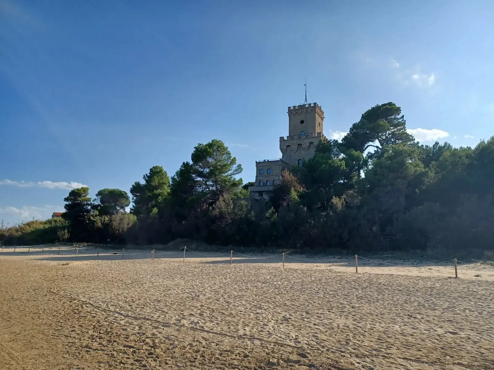 La Torre del Cerrano tra i pini marittimi, vista dalla spiaggia di Pineto